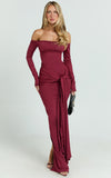 Judith Maxi Dress Boat Neck Backless Tie Front Long Sleeve Jersey Dress in Wine