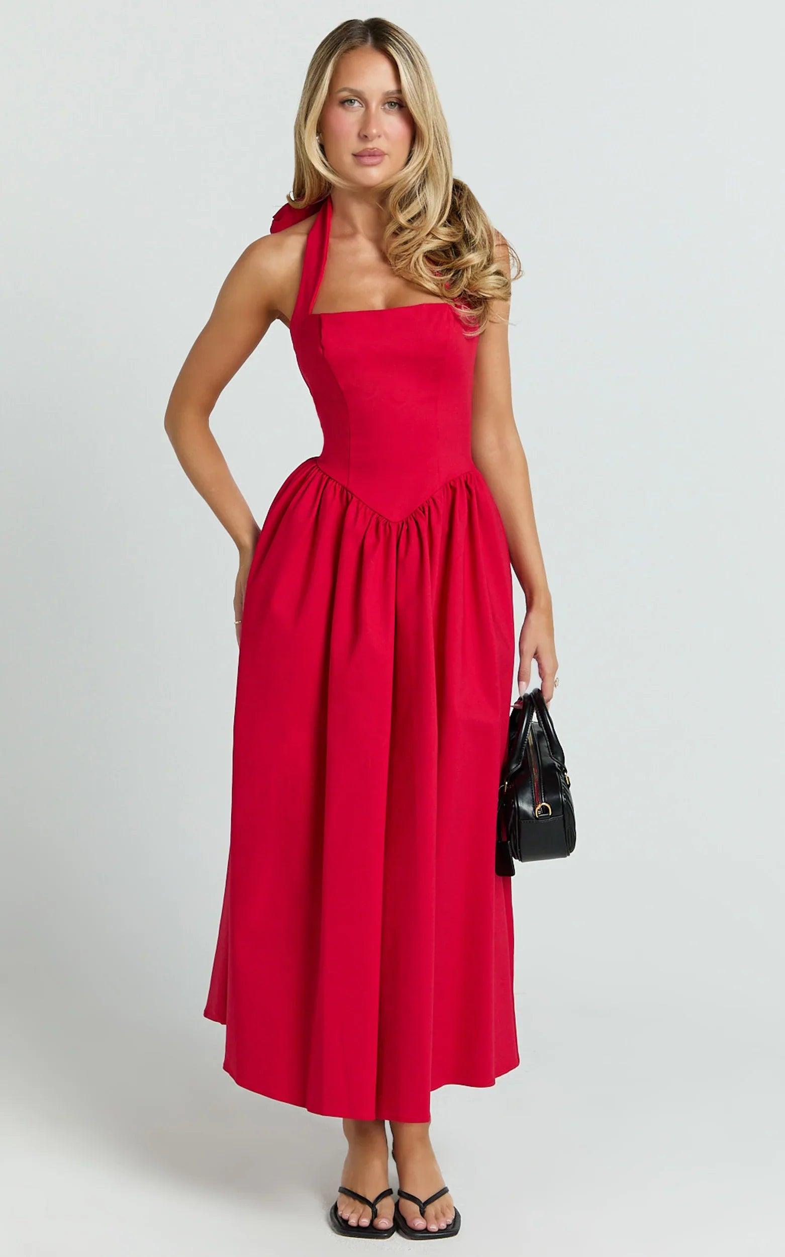 Helda Midi Dress Halter Tie Neck Corset Panel Dress in Red