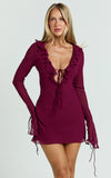 Alesya Mini Dress Ruffle Plunge Neck Long Sleeve Tie Detail Dress in Wine