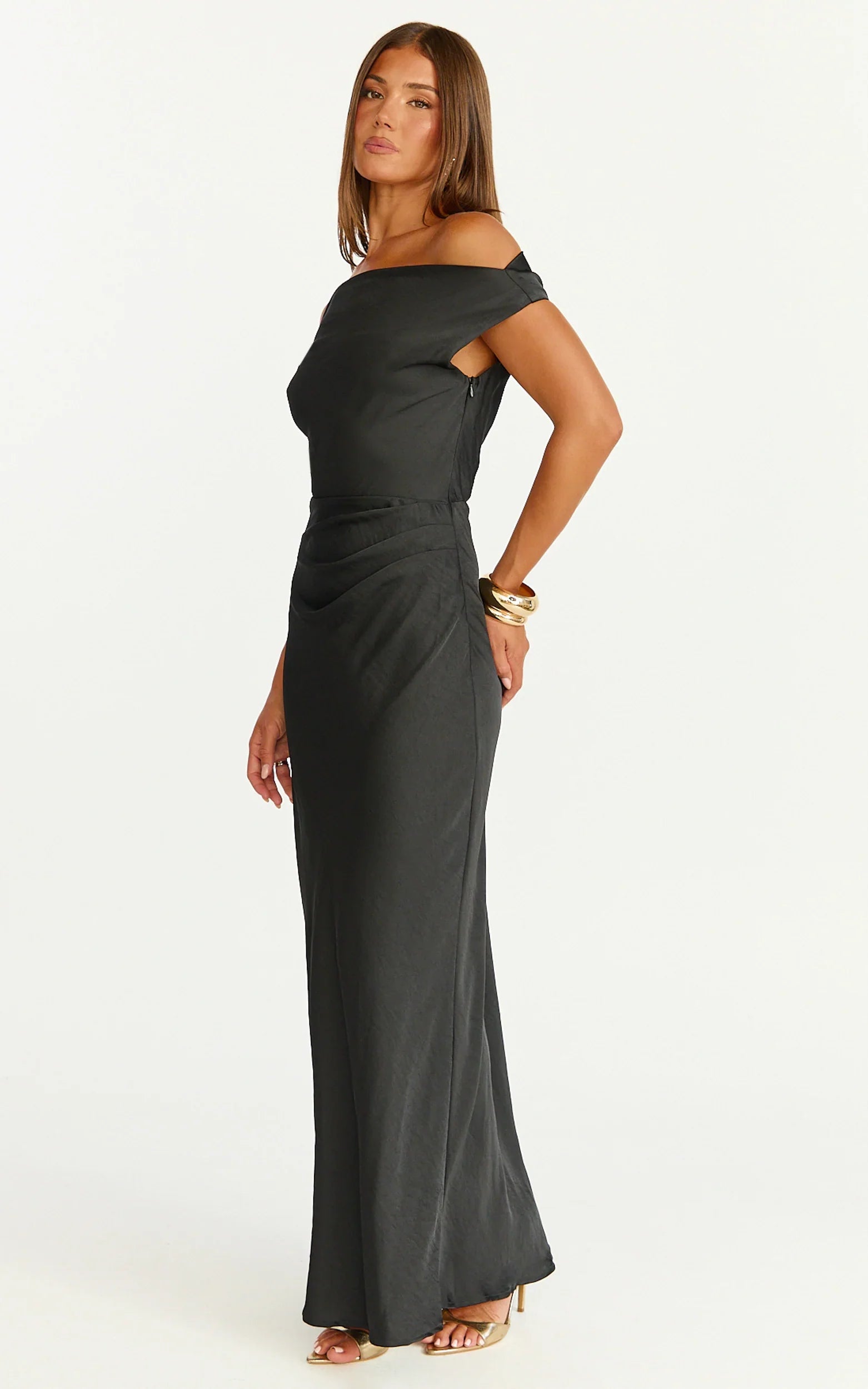 Lira Midi Dress One Shoulder Satin Dress in Black