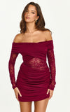 Juliet Mini Dress Off Shoulder Lace Contrast Bodycon Dress in Wine