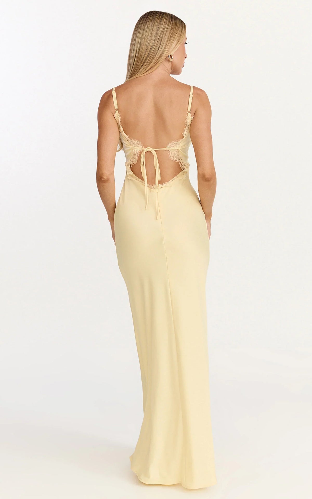 Kyra Maxi Dress Lace Bust And Tie Back Satin Dress in Lemon