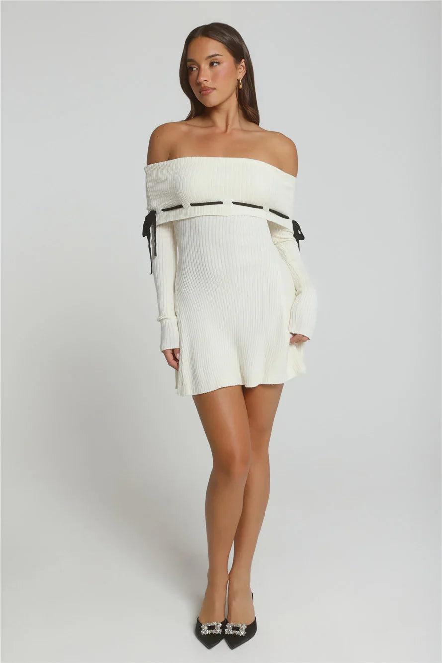 Winter Spice Off Shoulder Knit Mini Dress Cream