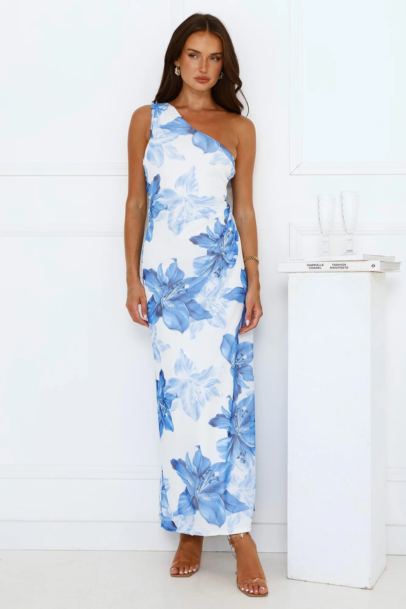 Blueberry Breeze One Shoulder Mesh Maxi Dress Blue