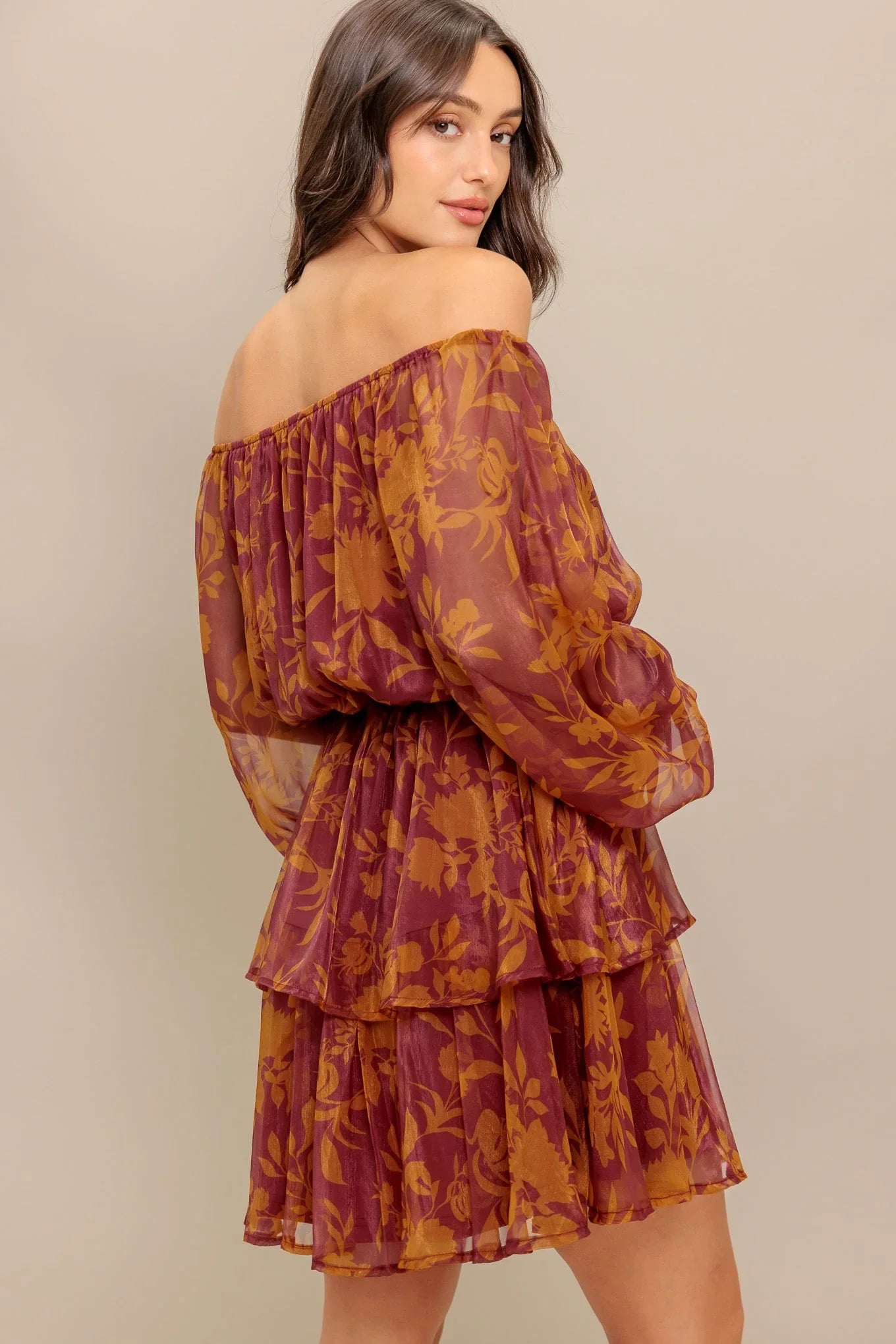 Destiny Maroon Floral Long Sleeve Mini Dress
