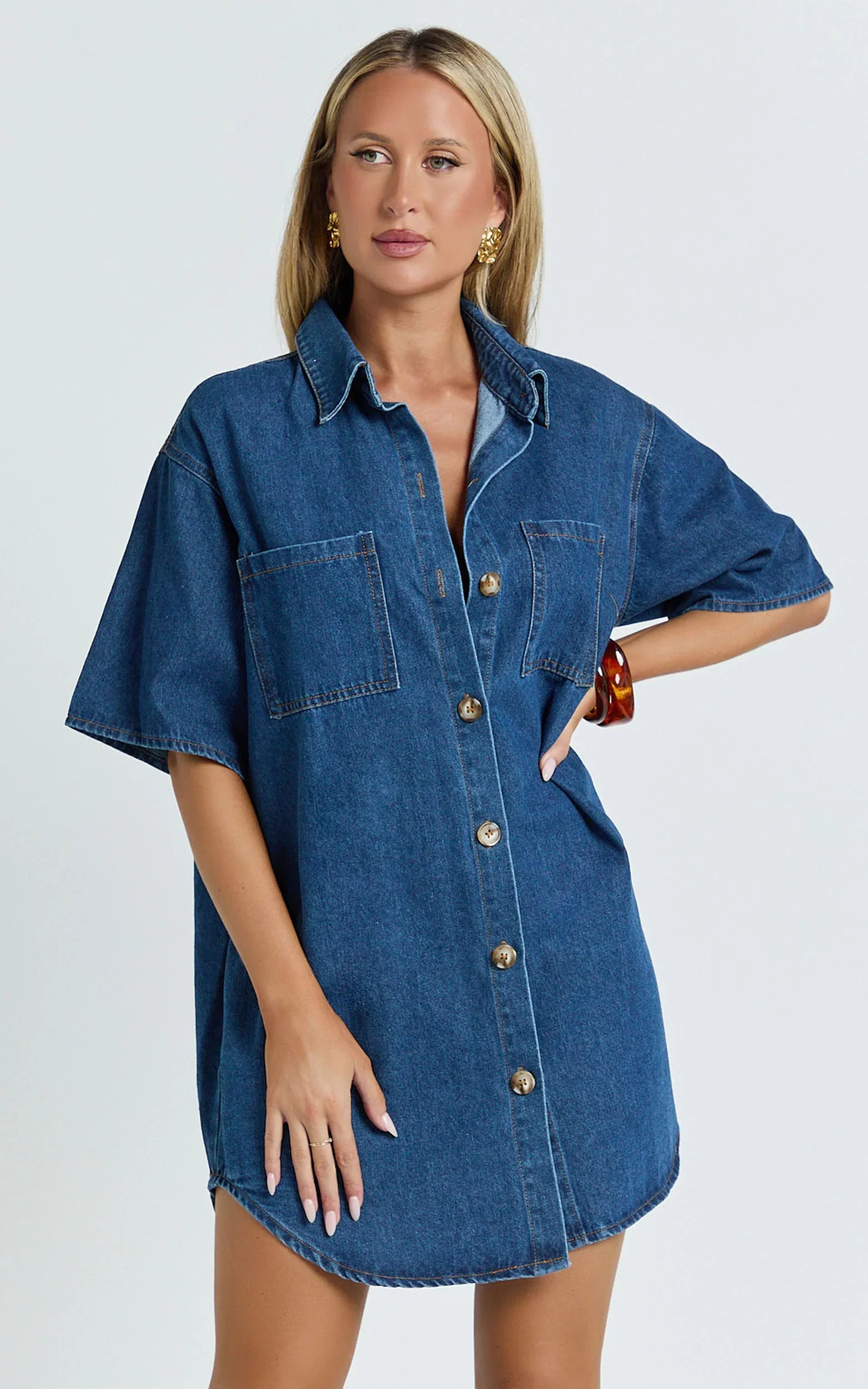 Richelle Mini Dress Short Sleeve Denim Shirt Dress in Mid Blue