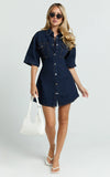 Leilani Mini Dress Denim Short Sleeve Button Up Dress with Gold Hardware in Indigo Denim