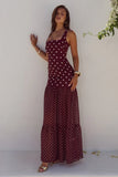TILLIE SHEER BOTTOM MAXI DRESS WINE WHITE POLKA