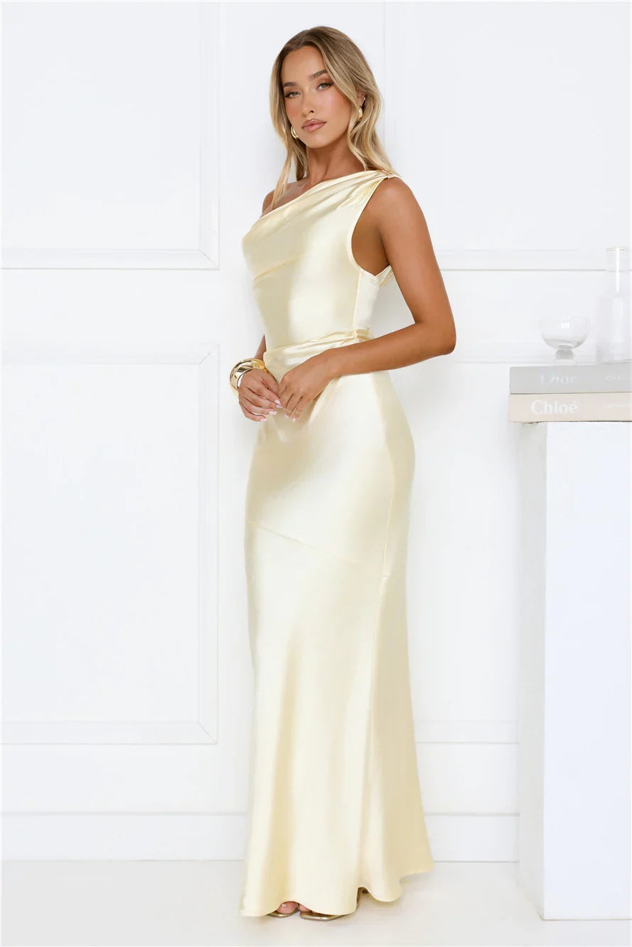 Shes A Dream Satin Off Shoulder Maxi Dress Yellow