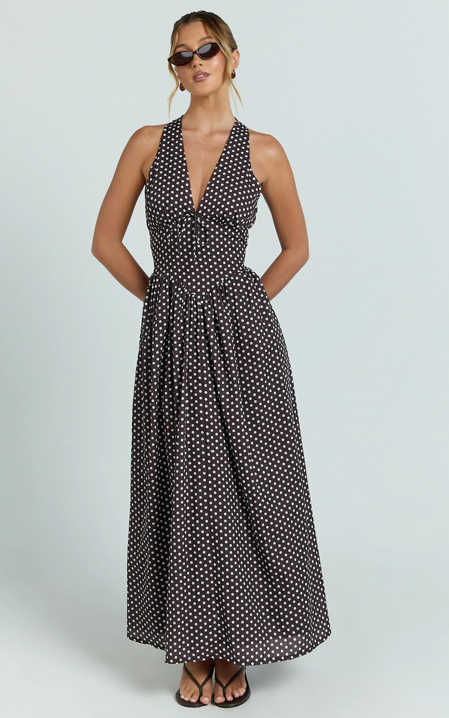 Abby Midi Dress Neckline Dress in Chocolate Polkadot