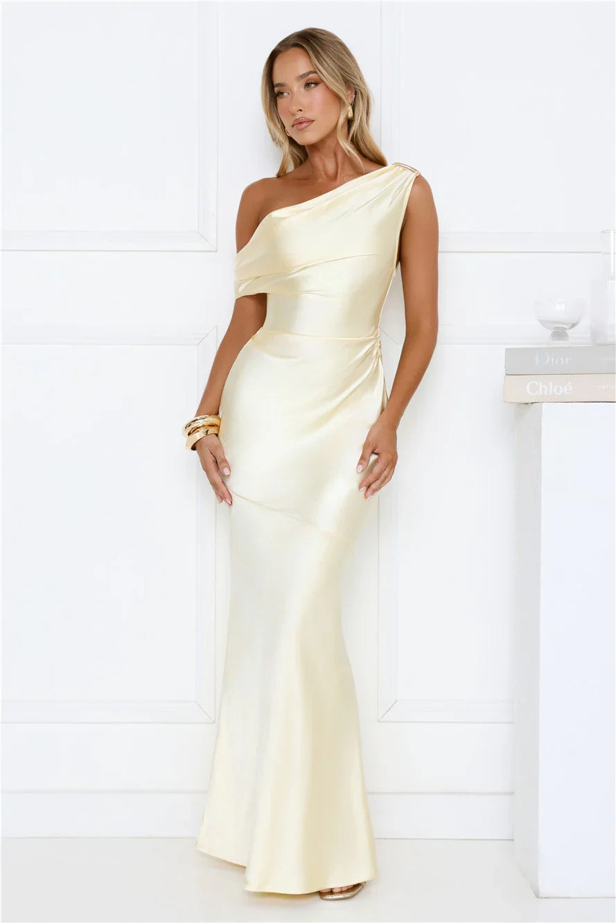 Shes A Dream Satin Off Shoulder Maxi Dress Yellow