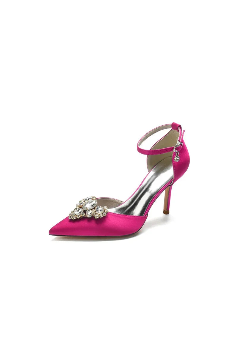 Cocktail Pointed Toe Crystal Buckle Strap Heels