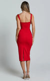 Tiffy Midi Dress Square Neck Ruched Bodycon Dress in Scarlet