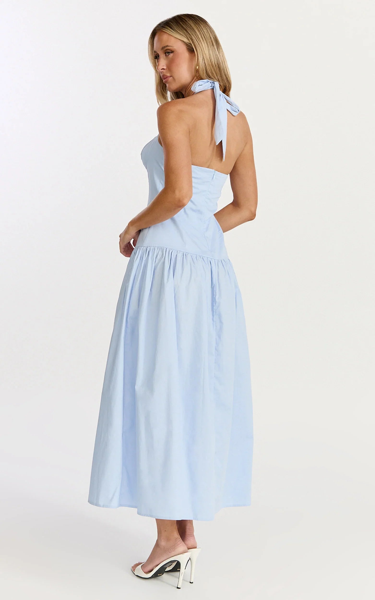 Nyx Midi Dress Halter Neck Drop Waist Dress in Blue
