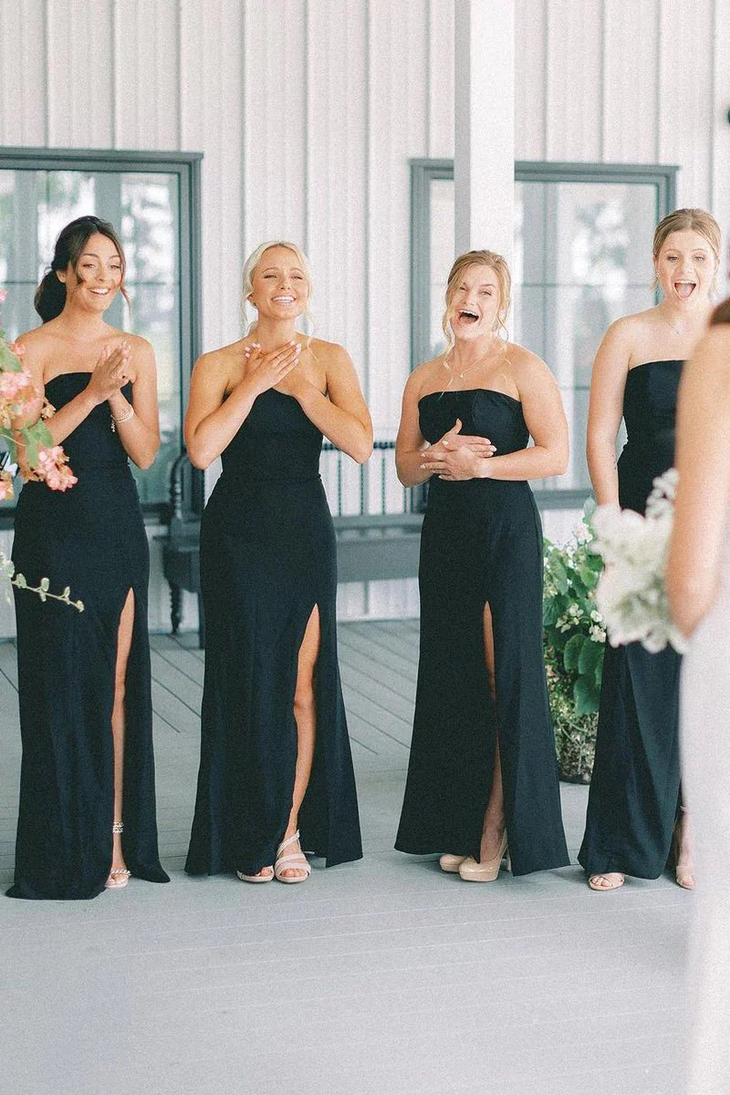 Black Strapless Long Bridesmaid Dresses with Slit