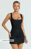 Fabia Mini Dress Denim Square Neck Fitted Dress in Dark Wash