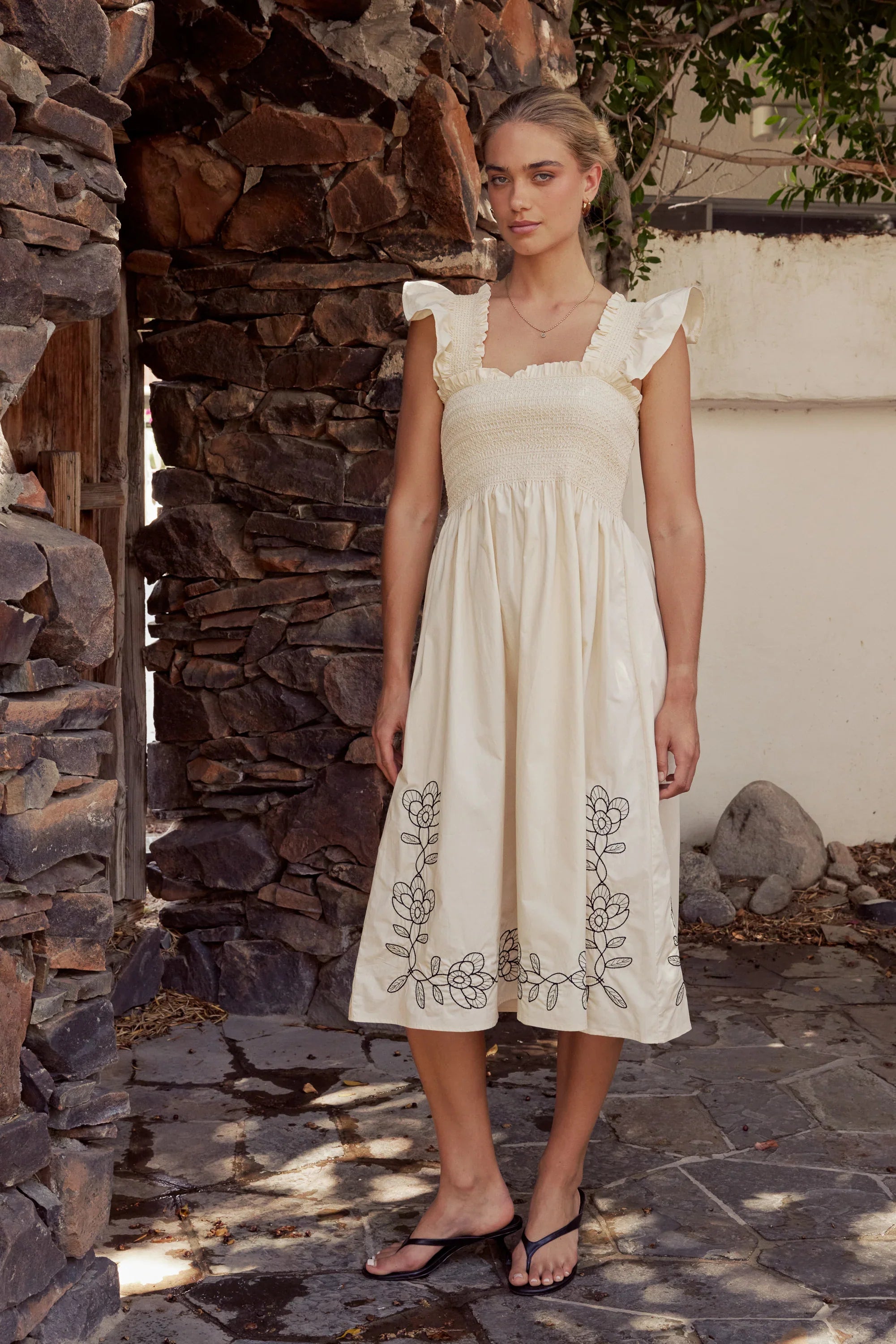 Lane Embroidered Midi Dress in Cream