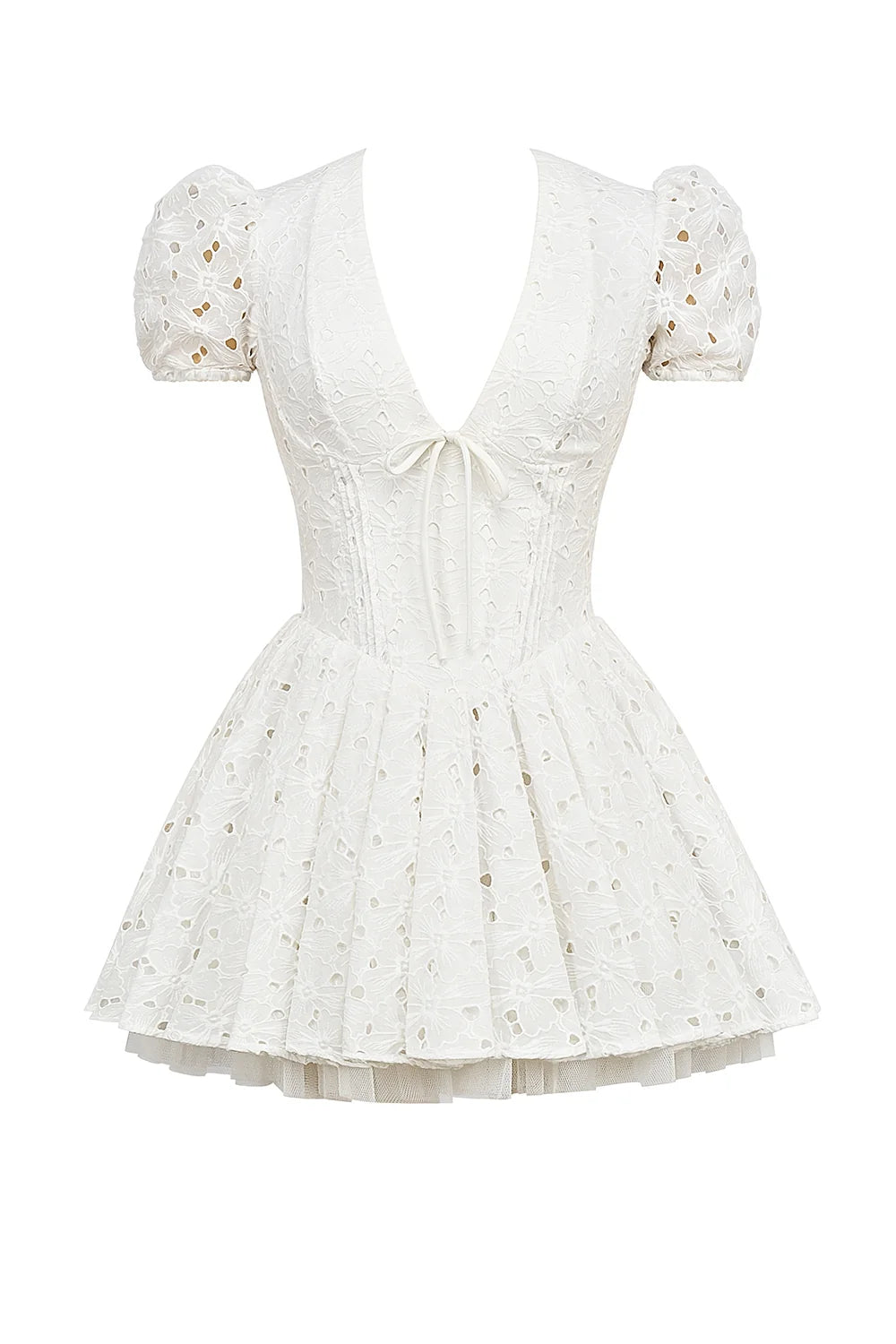 white pleated broderie anglais mini dress