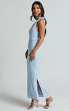 Cincinnati Midi Dress Off The Shoulder Side Split Column Linen Dress in Pale Blue