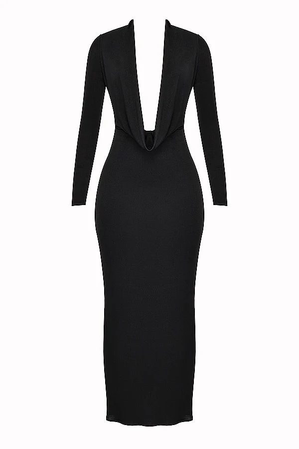 black draped maxi dress