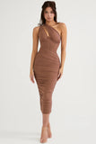 mocha asymmetric cutout midi dress