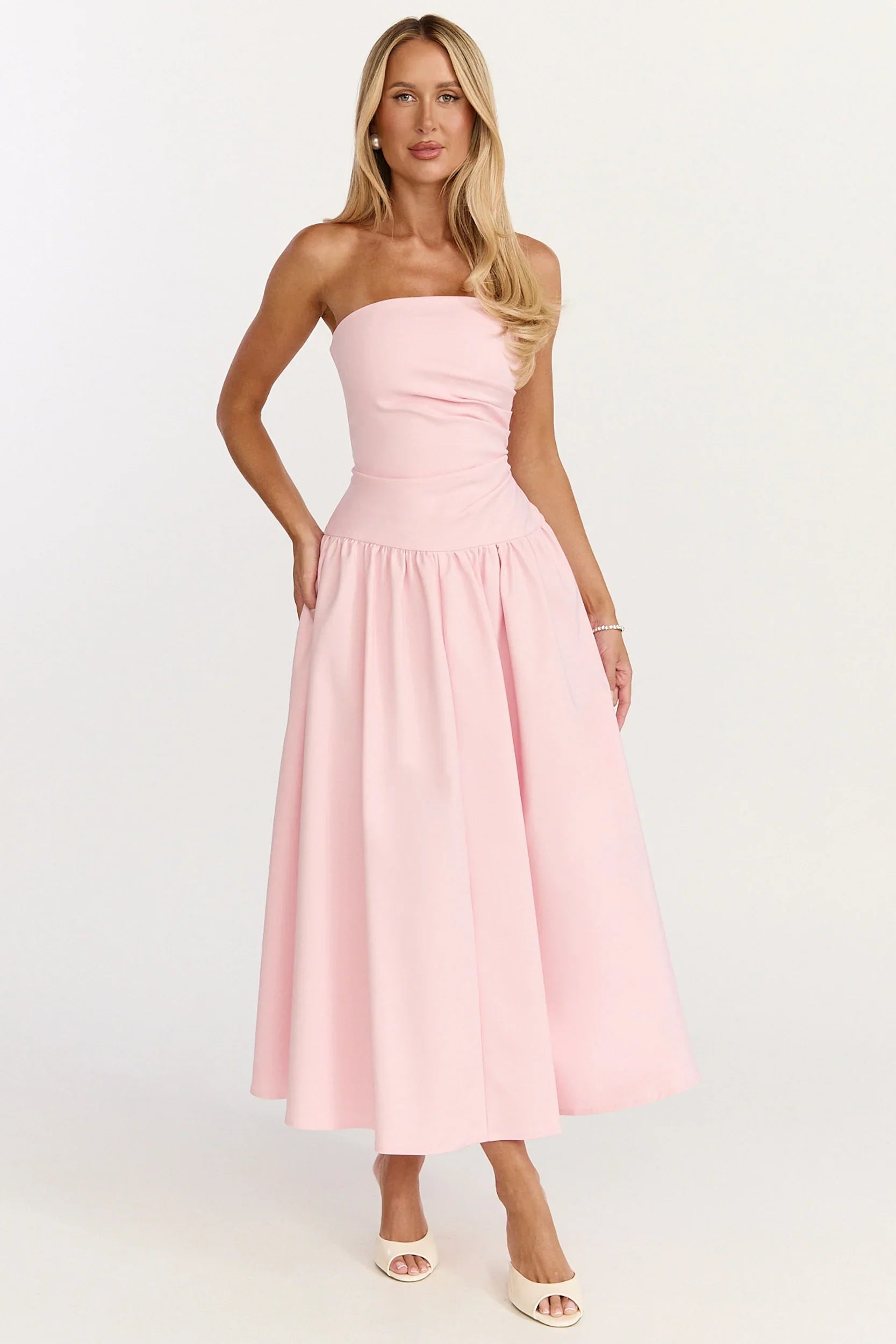 Louisa Maxi Dress Strapless Side Ruched Dropped Waist Fit And Flare Dress in Pink