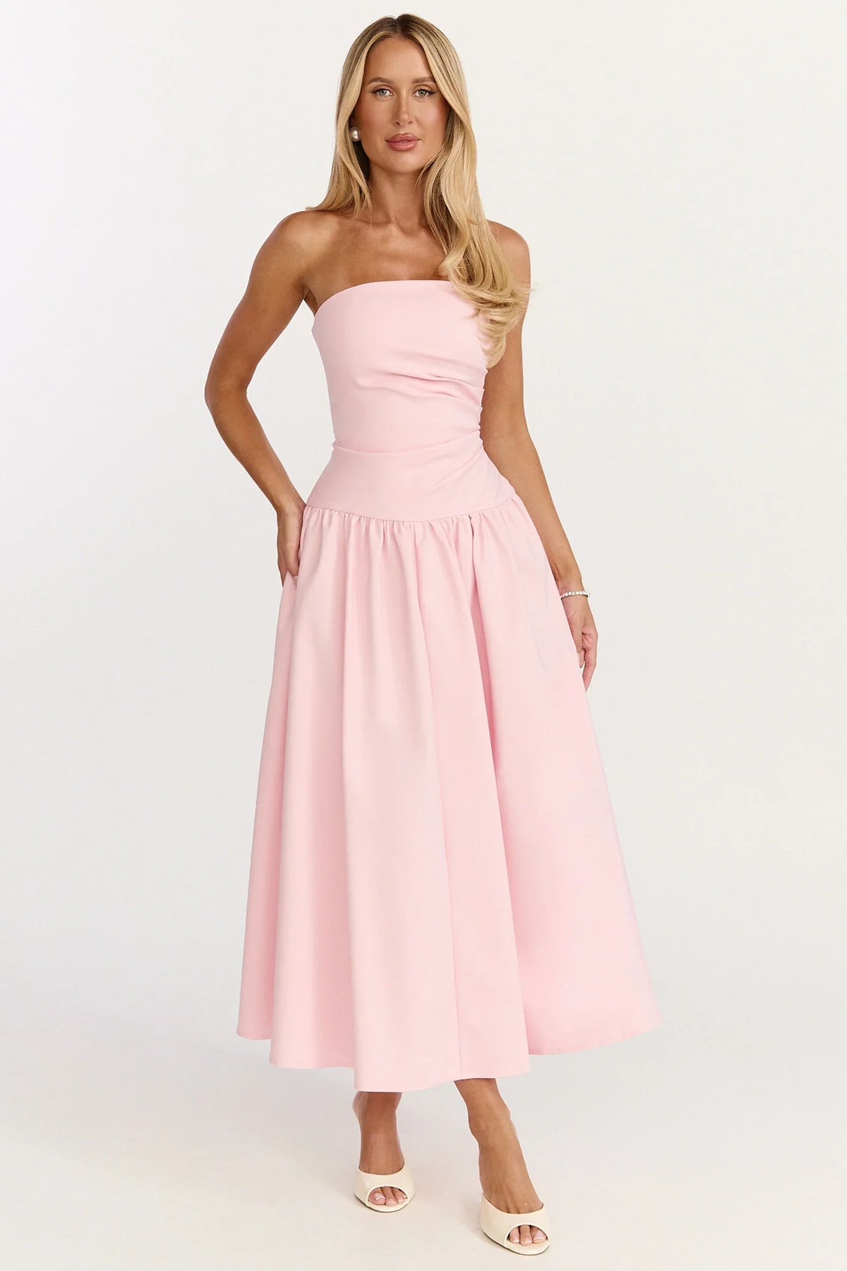 Louisa Maxi Dress Strapless Side Ruched Dropped Waist Fit And Flare Dress in Pink