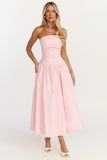 Louisa Maxi Dress Strapless Side Ruched Dropped Waist Fit And Flare Dress in Pink