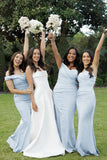 Mermaid Off the Shoulder Champagne Elastic Satin Long Bridesmaid Dresses