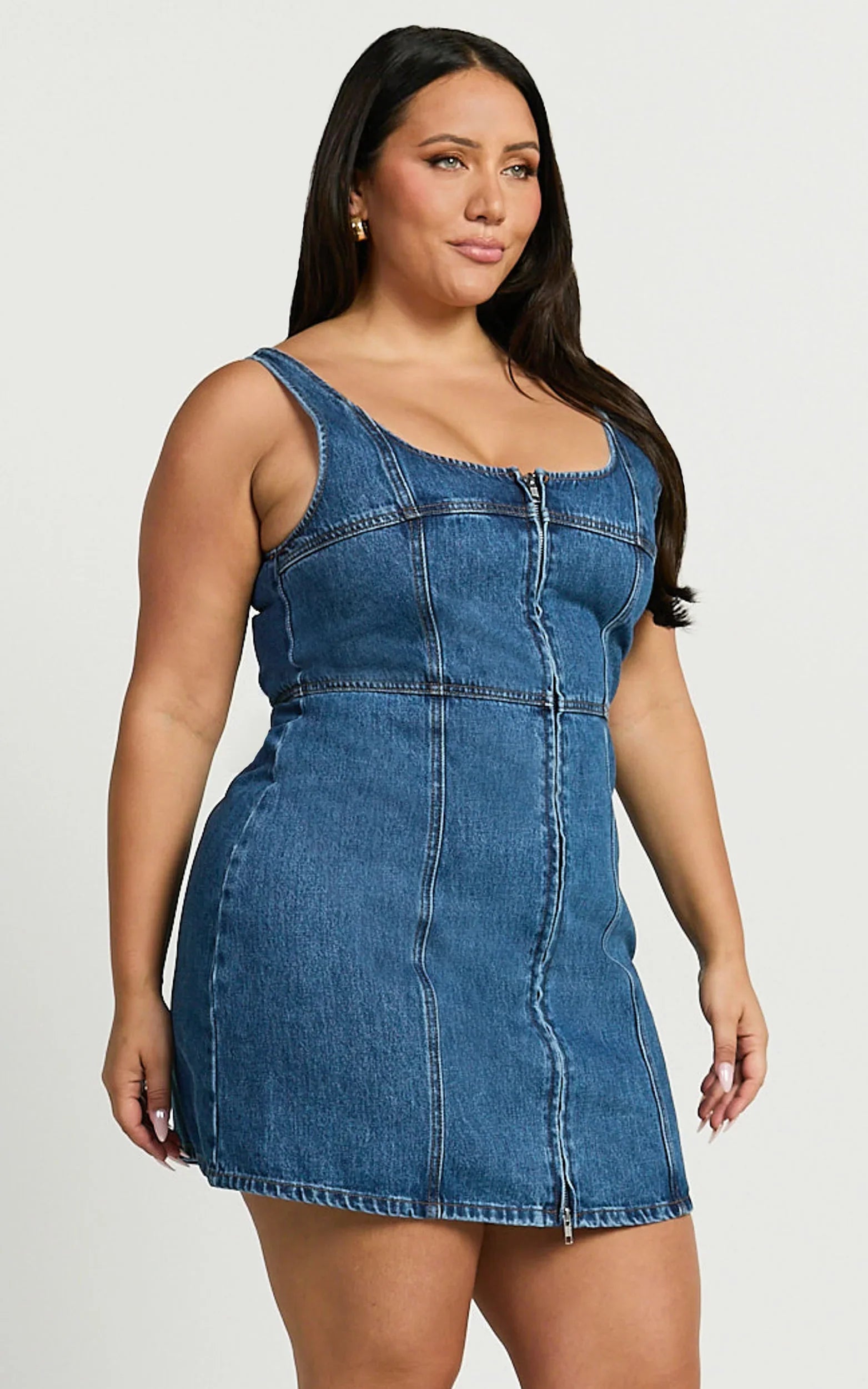 Chrysoula Mini Dress Square Neck Zip Front Sleeveless Bodycon Denim in Mid Blue Wash