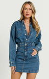 Kamala Mini Dress Long Sleeve Button Through Denim Dress in Dark Blue Wash