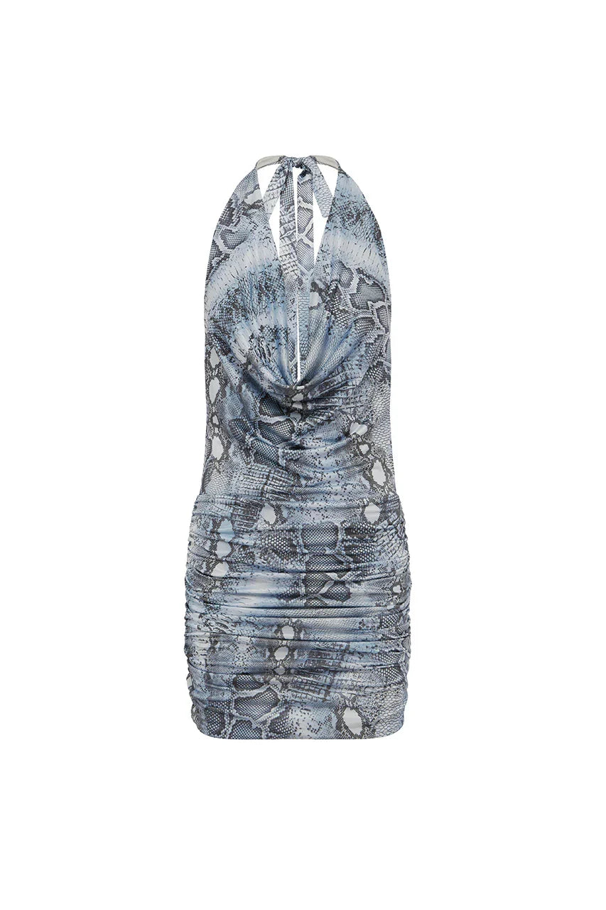 LOTUS HALTER COWL MINI DRESS STEEL VIPER