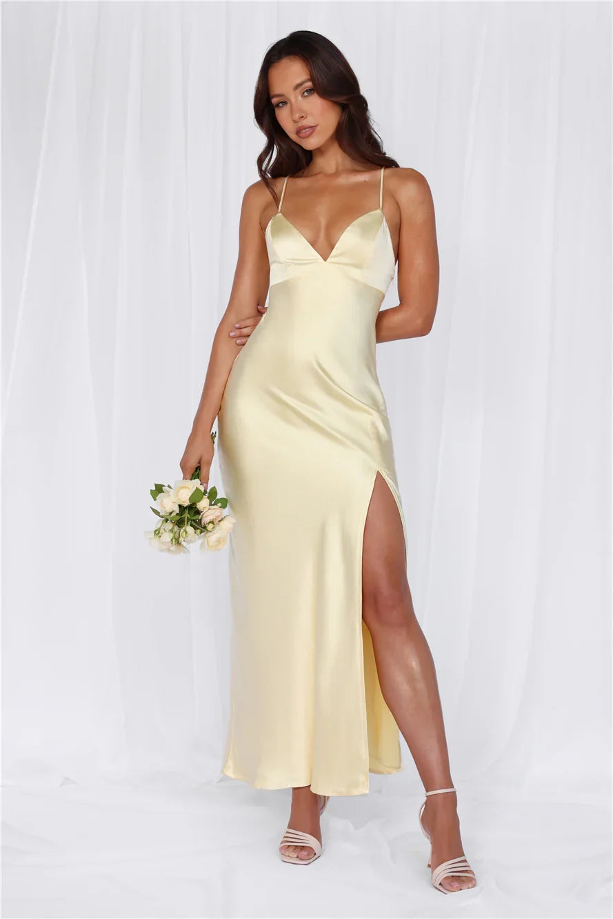 The Sophia Satin Maxi Dress Yellow