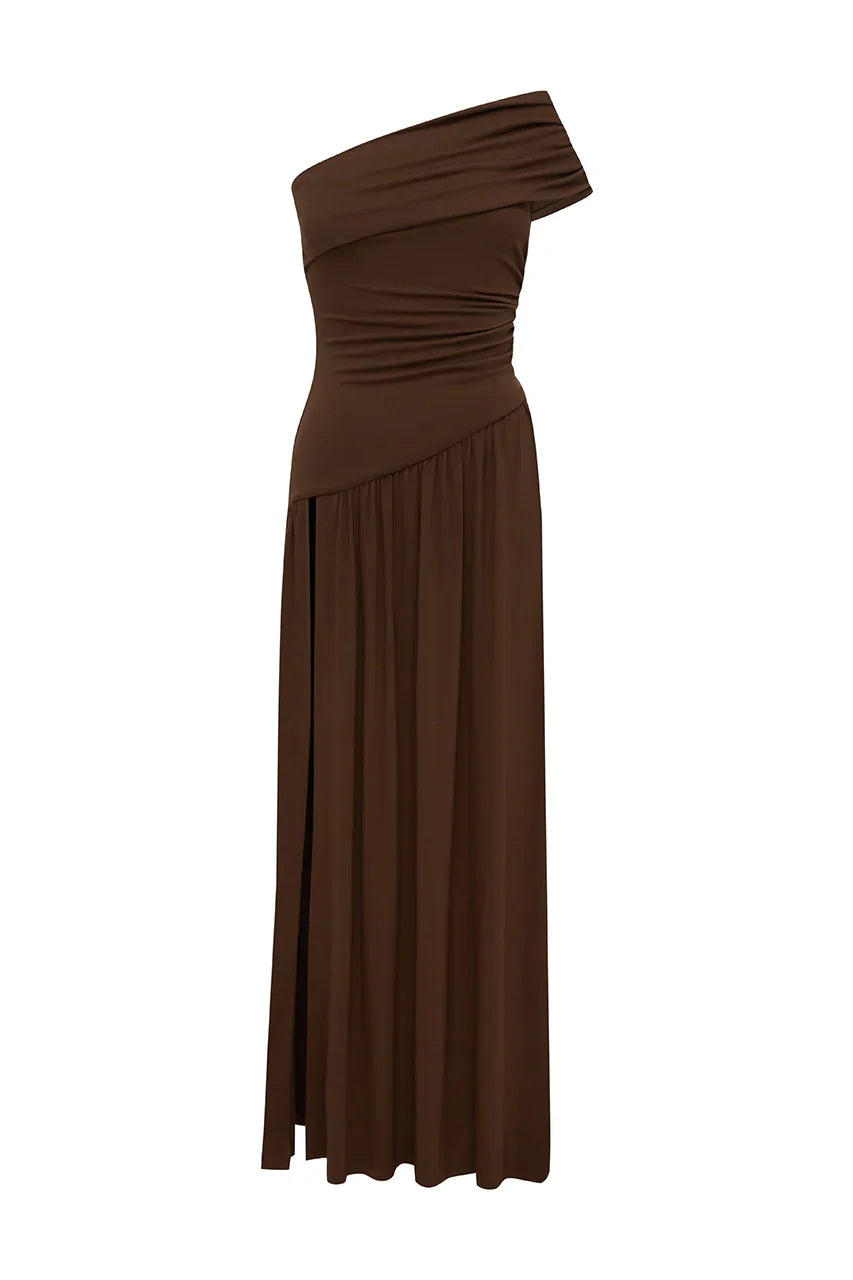 LARSEN ONE SHOULDER MAXI DRESS ESPRESSO