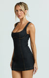 Fabia Mini Dress Denim Square Neck Fitted Dress in Dark Wash