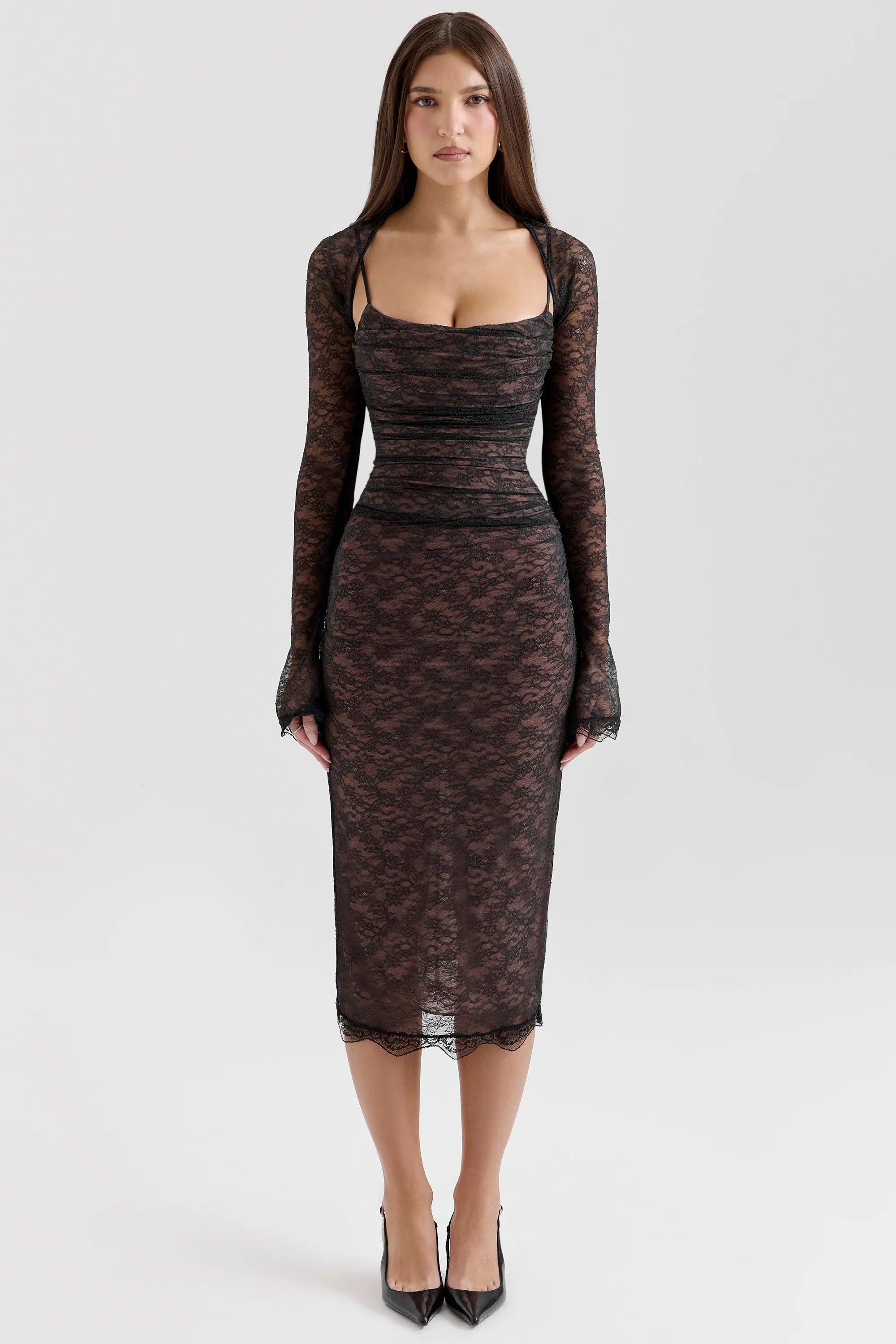 black lace corset midi dress