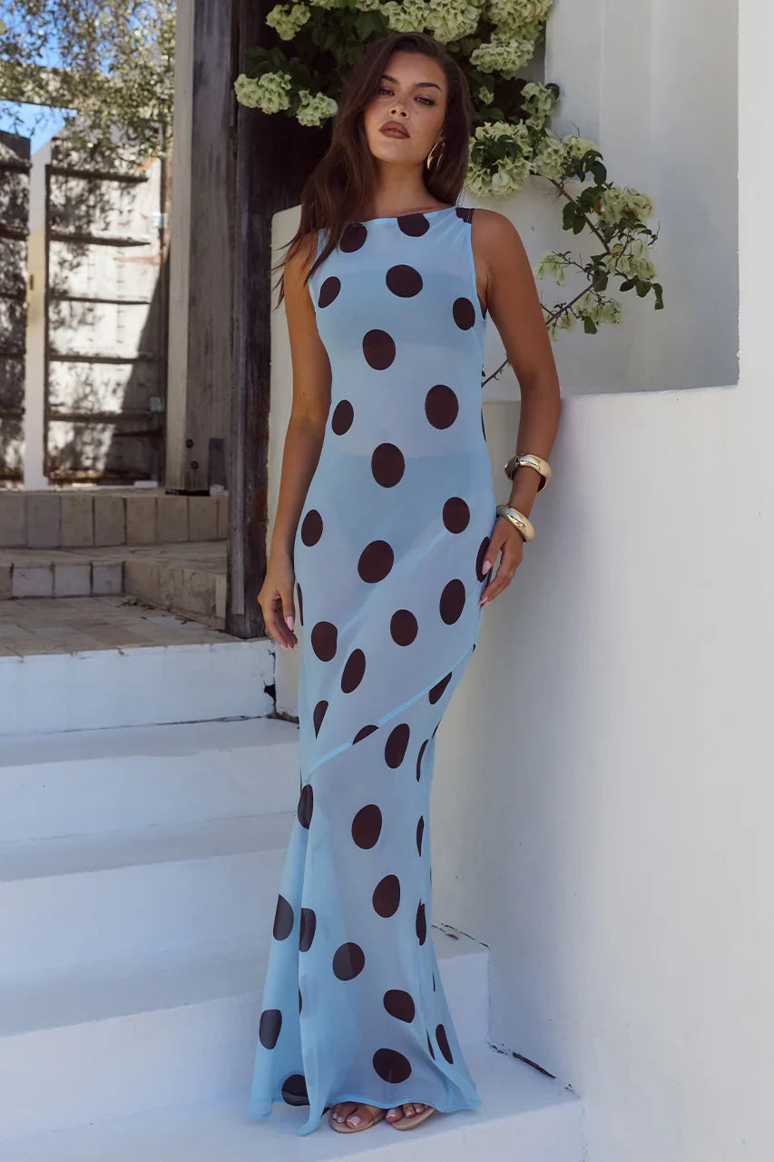 TERA HIGH NECK MAXI DRESS SKY BLUE CHOC POLKA
