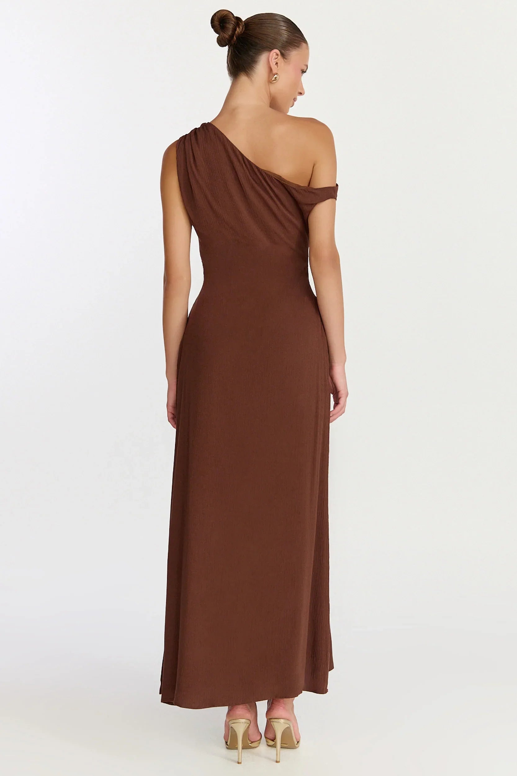 Aurelie Maxi Dress Off Shoulder Column Dress in Chocolate