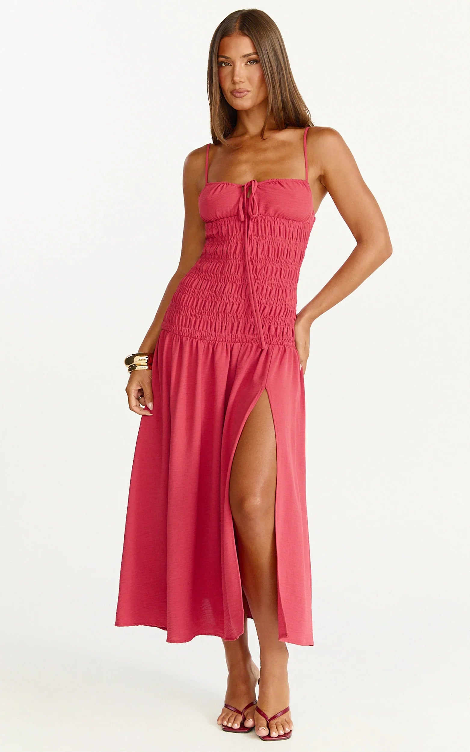 Eloise Midi Dress Shirred Bodice Split Leg A Line Dress in Rose