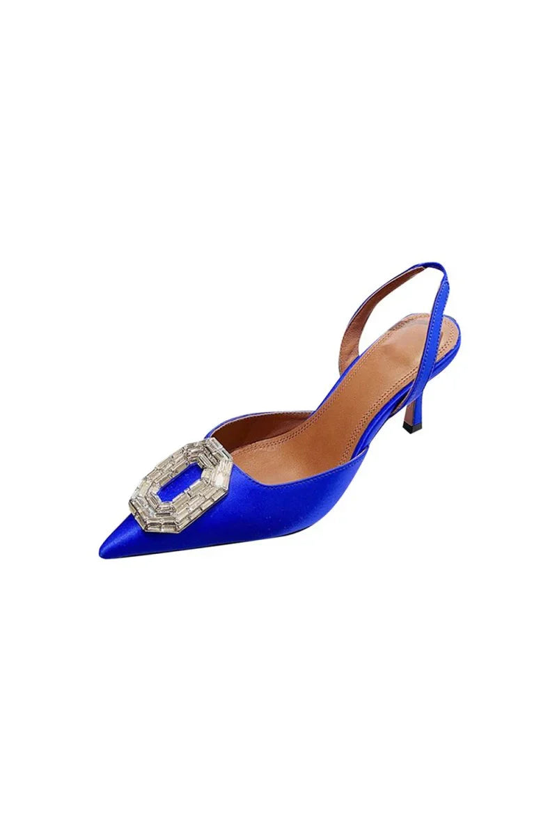 Royal Blue Satin Buckled Mid Heel Stiletto Sandals