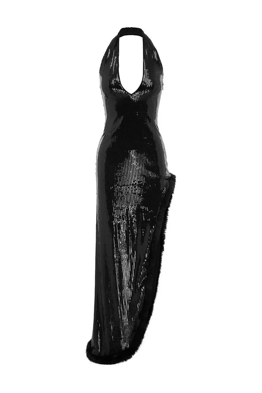 COURTNEY FAUX FUR TRIM MAXI DRESS BLACK