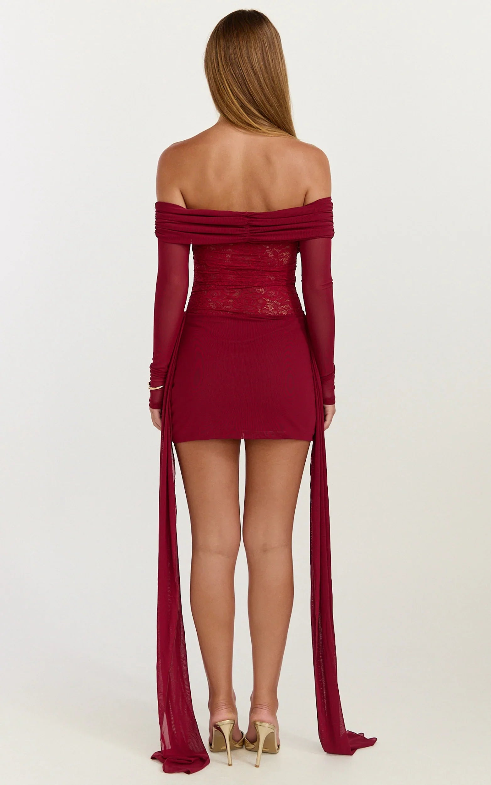 Vesper Mini Dress Contrast Lace Bodice Long Sleeve Dress in Wine