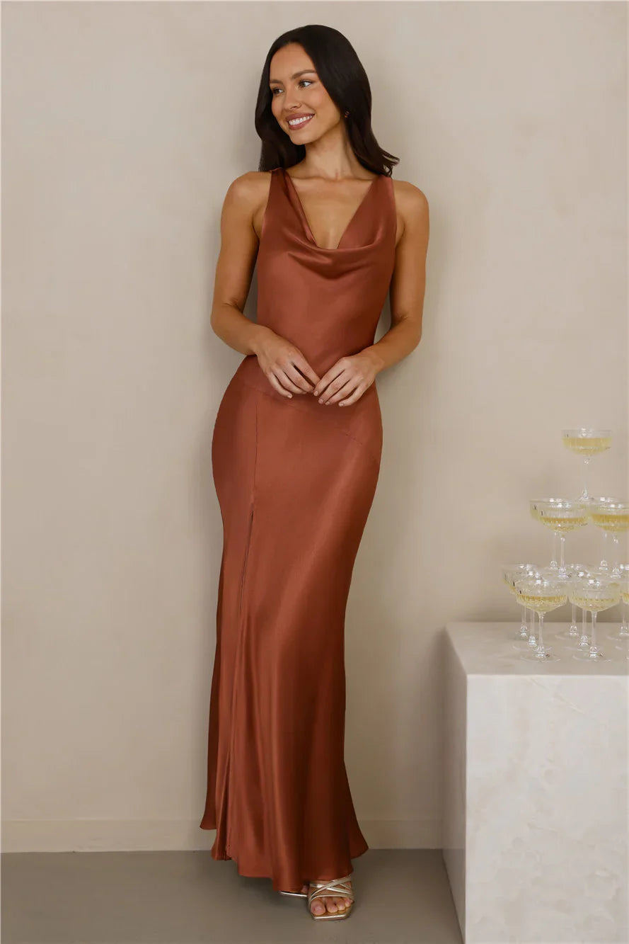 The Loretta Cowl Satin Maxi Dress Copper