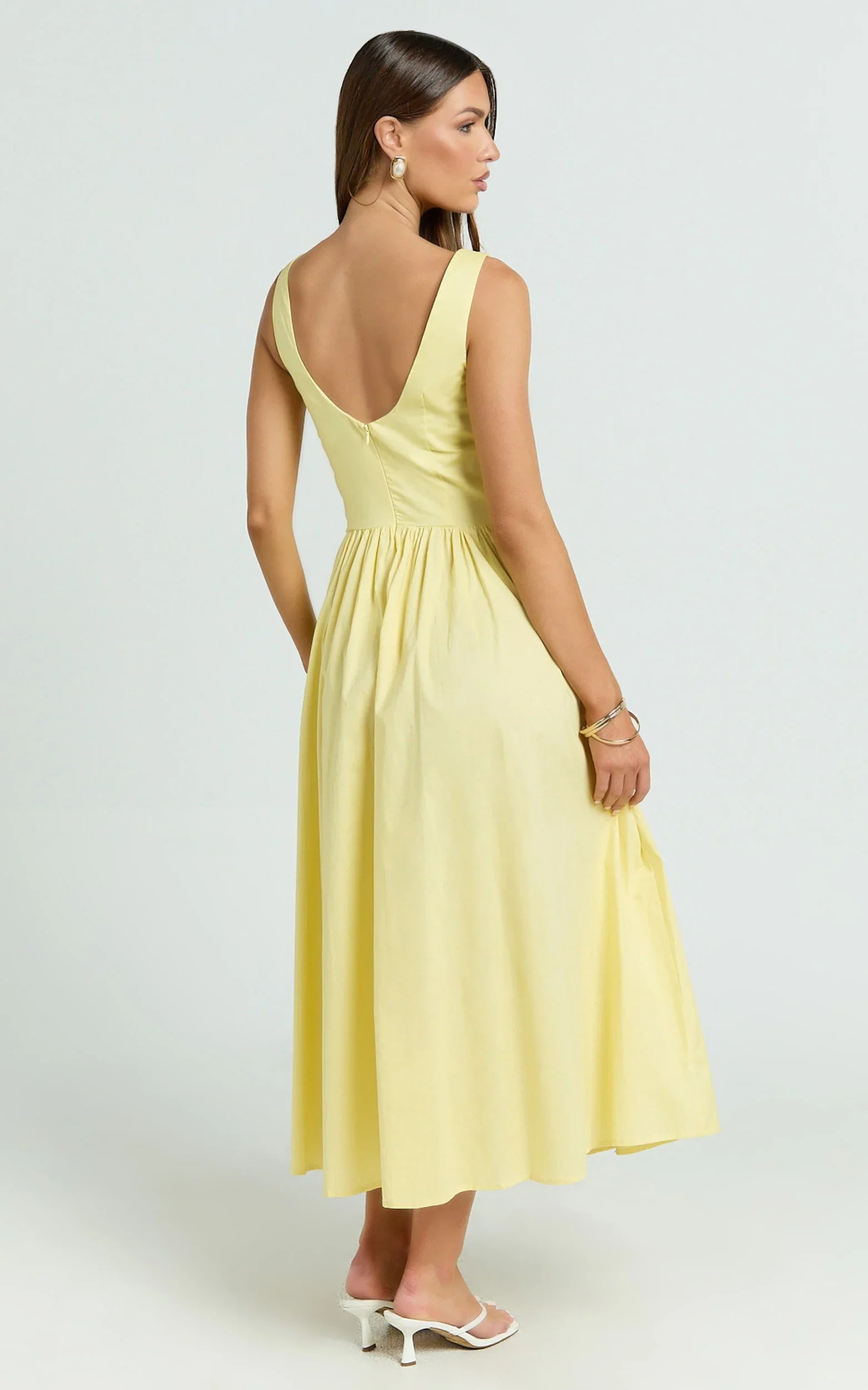 Beckett Midi Dress Scoop Neck Drop V Waist Gathered Skirt Dress in Butter Yellow