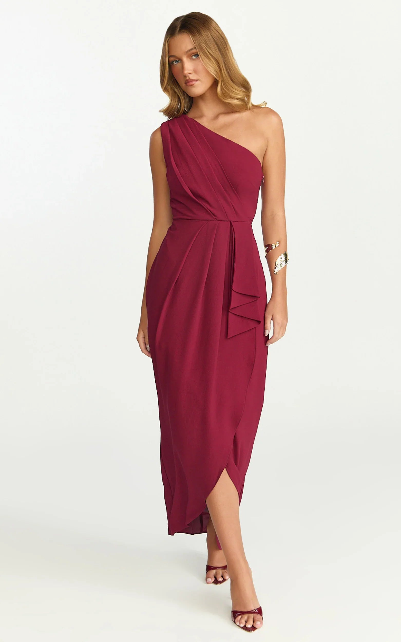 Namaari Midi Dress Faux Wrap One Shoulder Dress in Wine