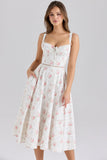 rose print cotton button front midi dress