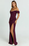 Marcel Maxi Dress Off Shoulder Corset High Split Dress in Wine