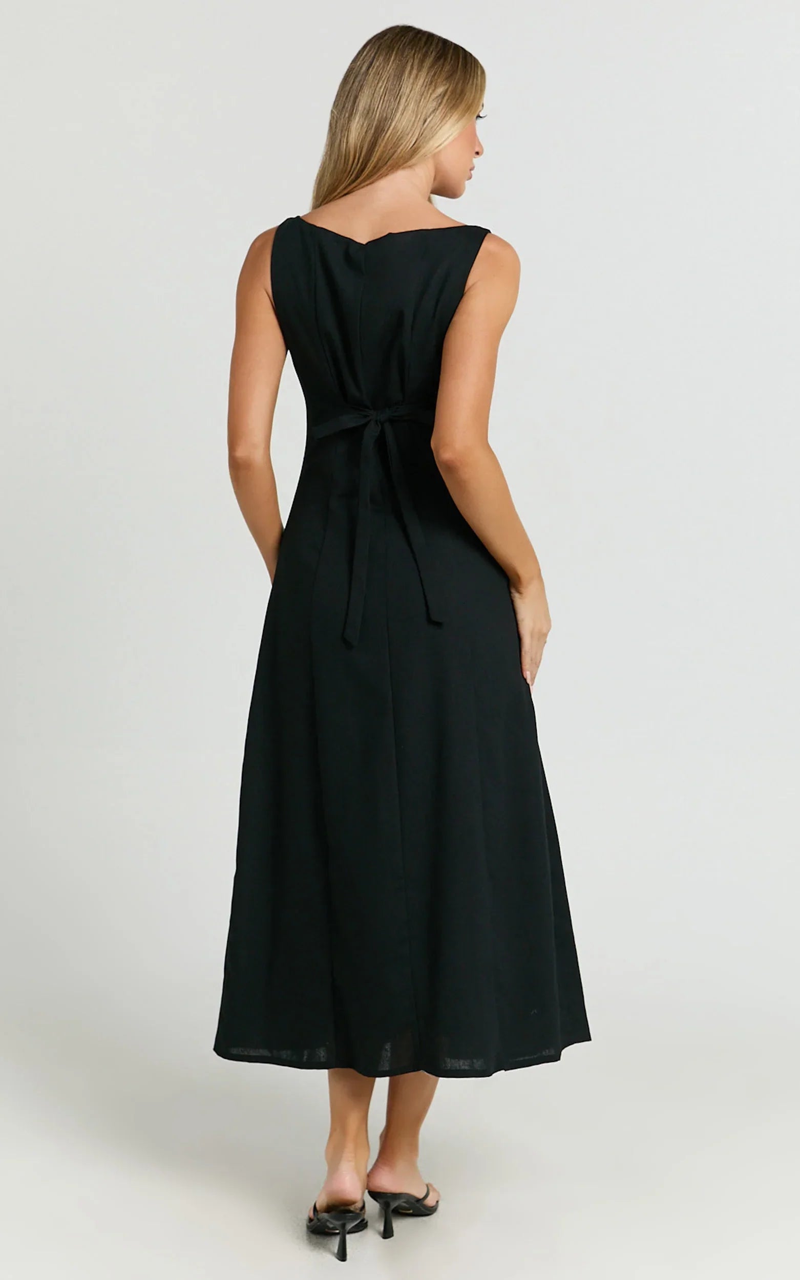 Cameron Midi Dress Button Front Tie Back Dress in Black