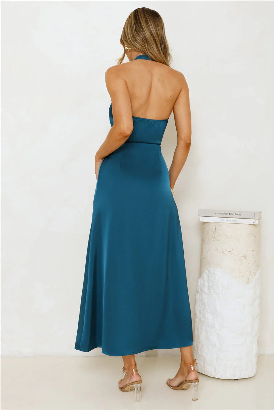 Nights Allure Satin Halter Maxi Dress Teal