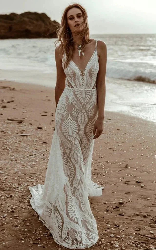 Beach Floral Mermaid Plunging Boho Lace Wedding Dress with Sweep Train